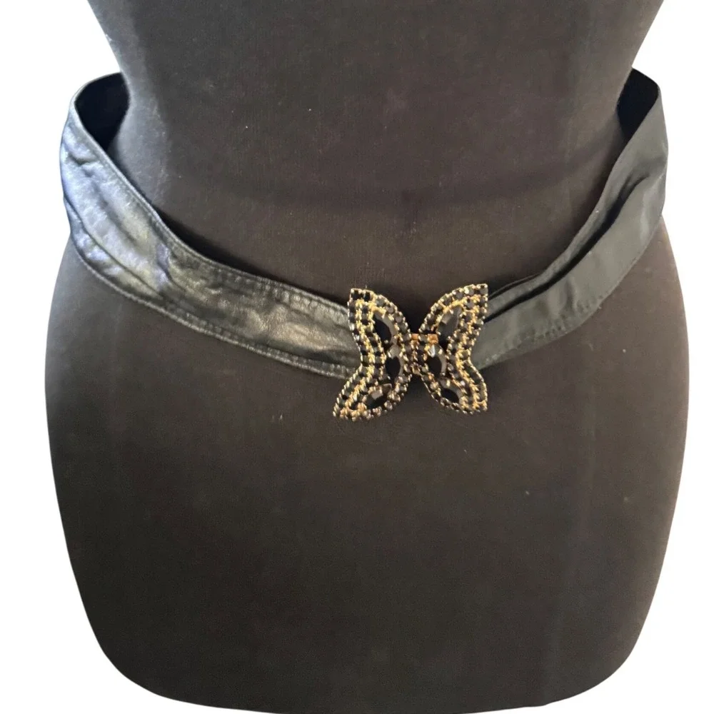 Vintage 90's Black Leather Gold Butterfly Black Rhinestone Buckle Womens Sm